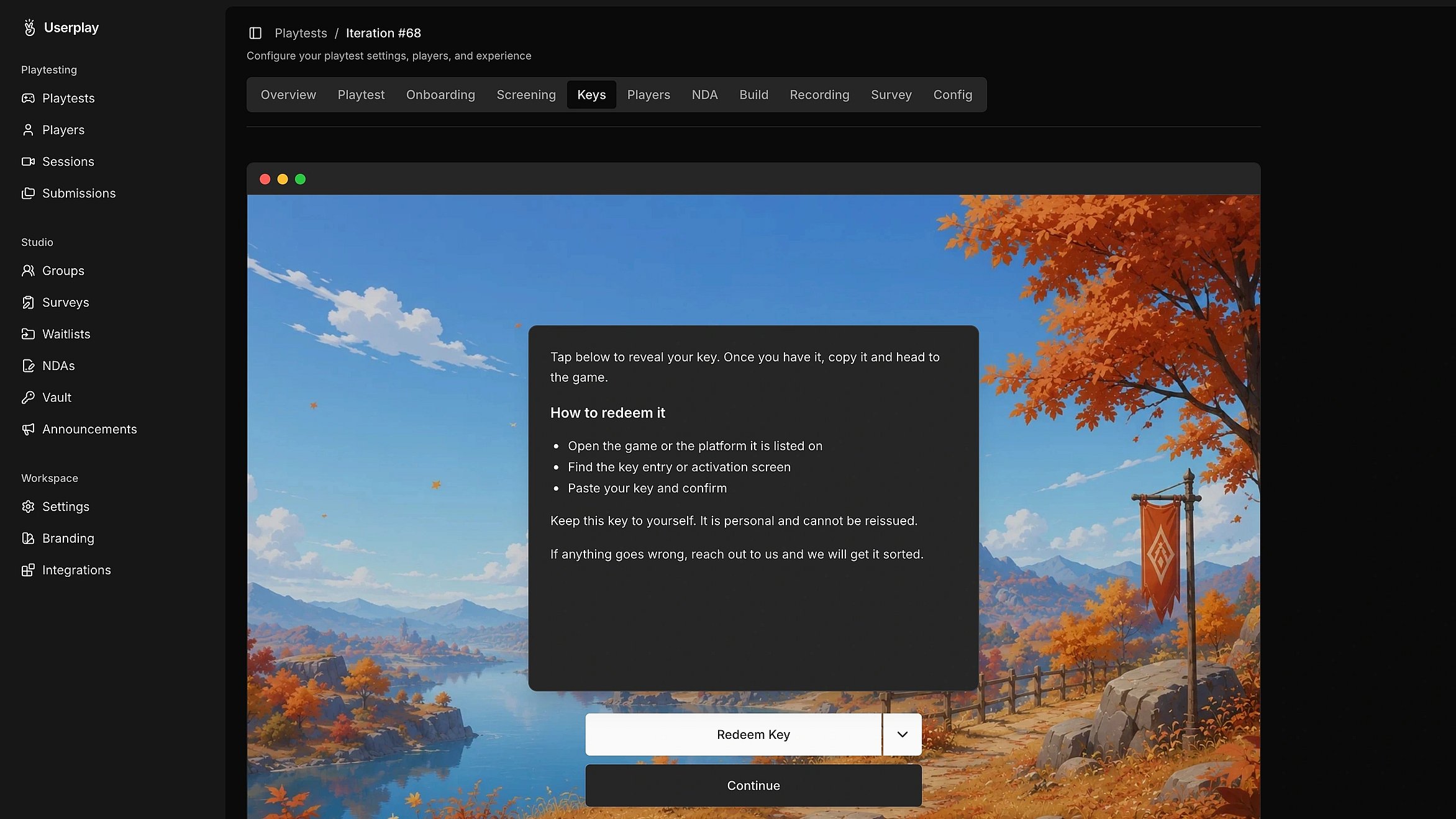 Playtest sessions listed across a game in Userplay Studio