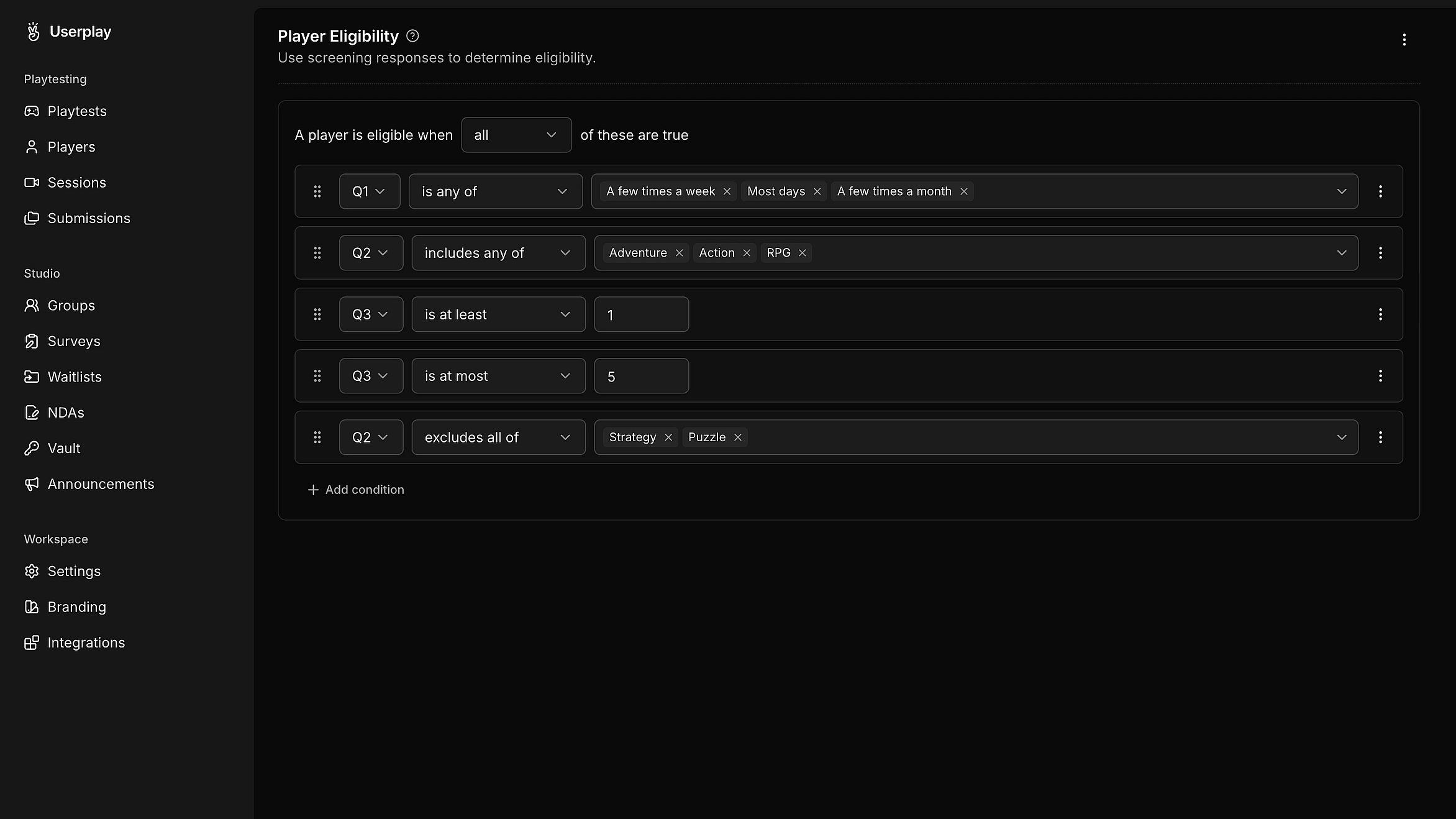 Survey responses collected from a playtest in Userplay Studio