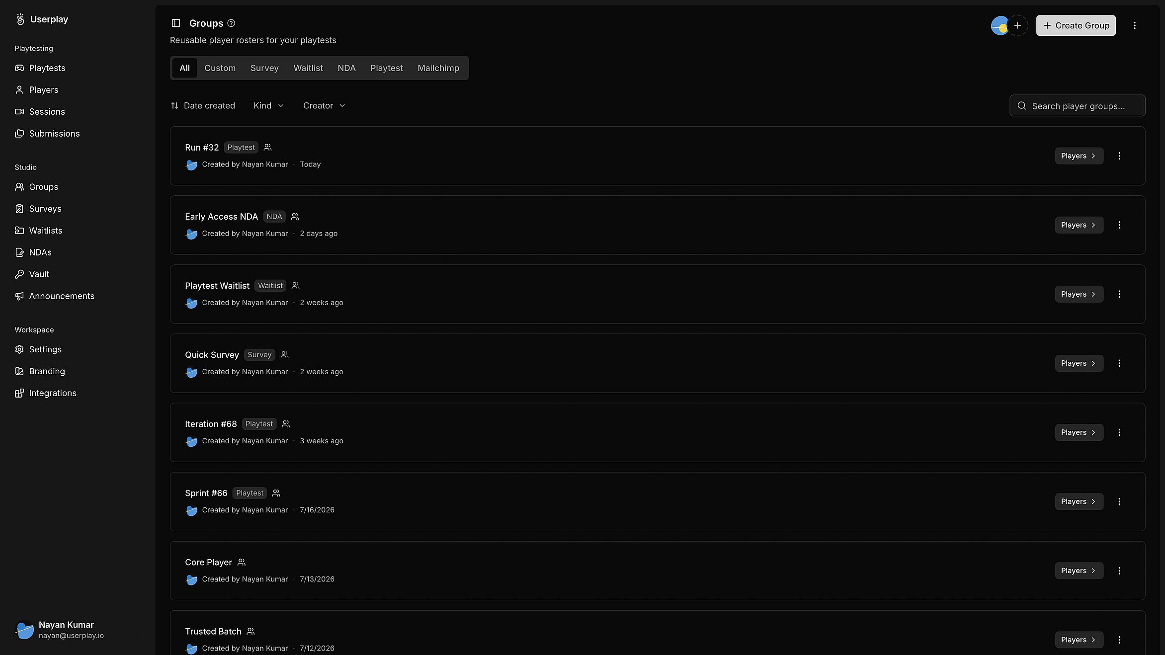 Player submissions listed across playtests in Userplay Studio