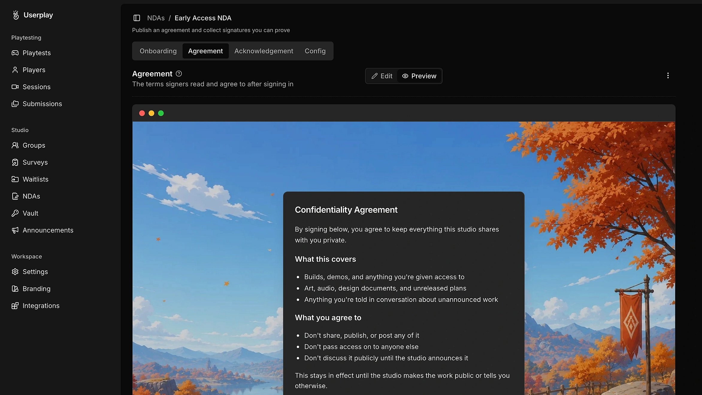 Playtest sessions listed across a game in Userplay Studio