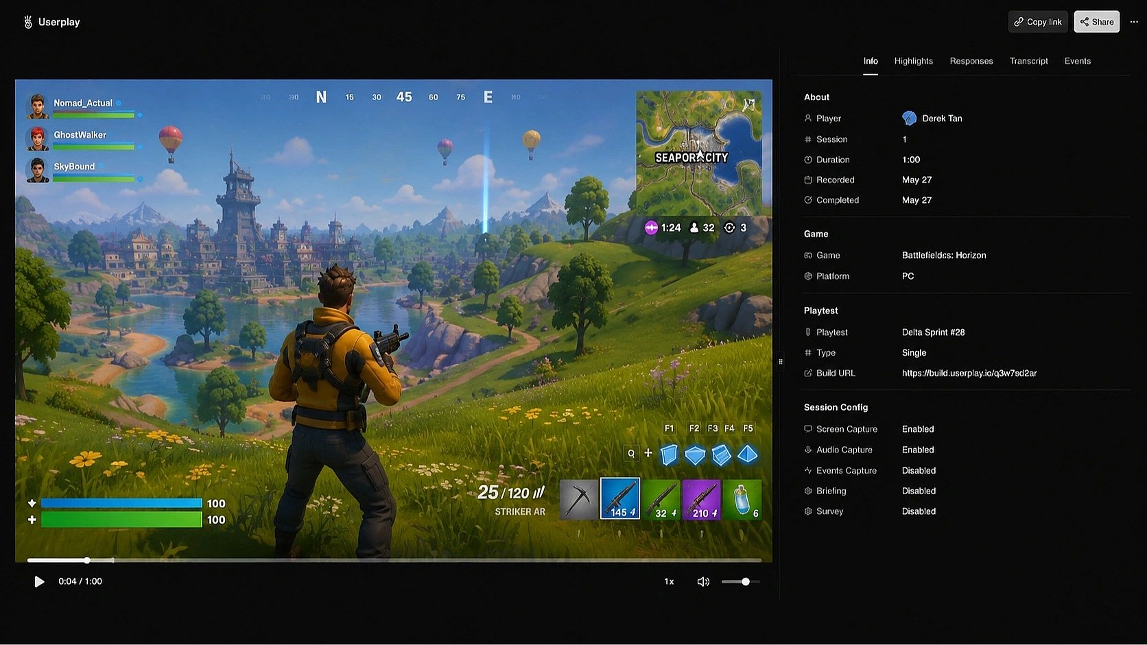 A recorded gameplay session playing back in Userplay Studio