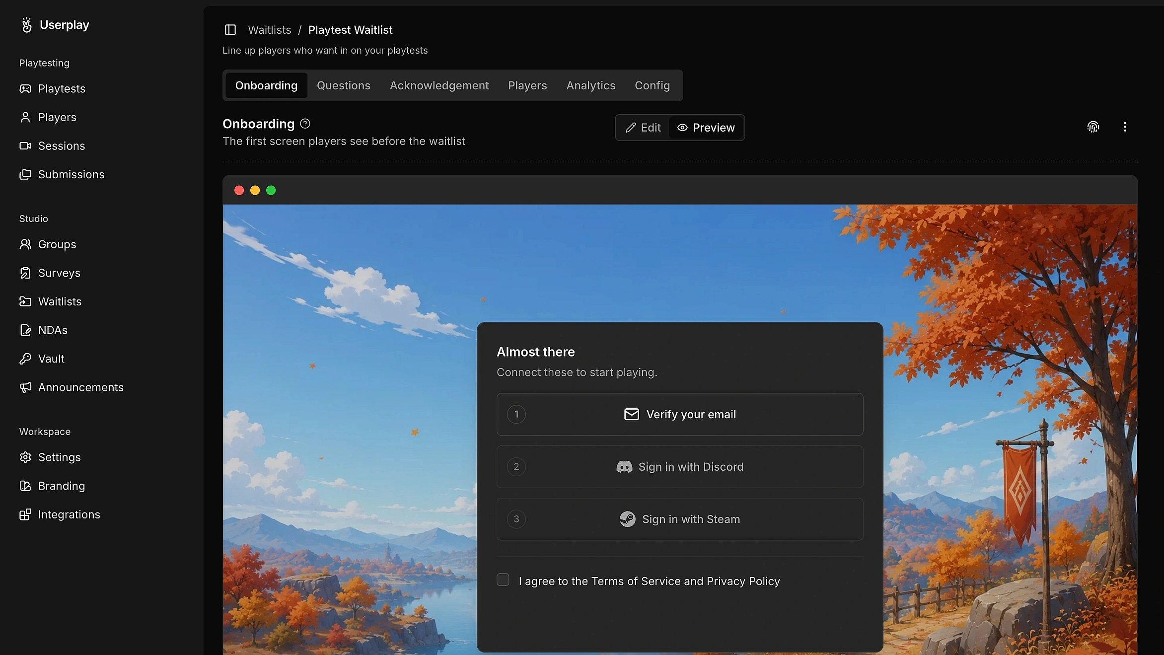 Player submissions listed across playtests in Userplay Studio