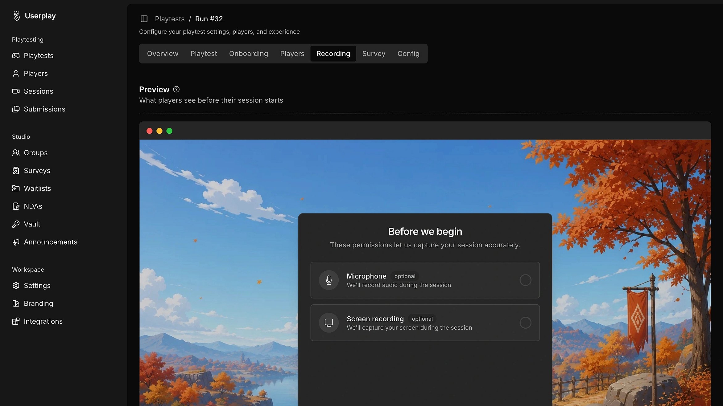 A recorded gameplay session playing back in Userplay Studio