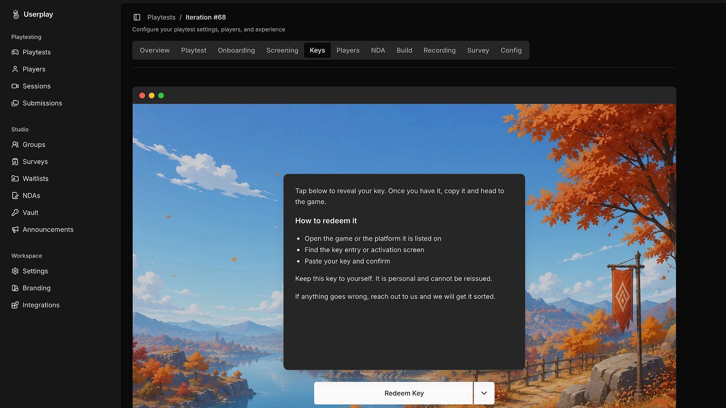 Player submissions listed across playtests in Userplay Studio