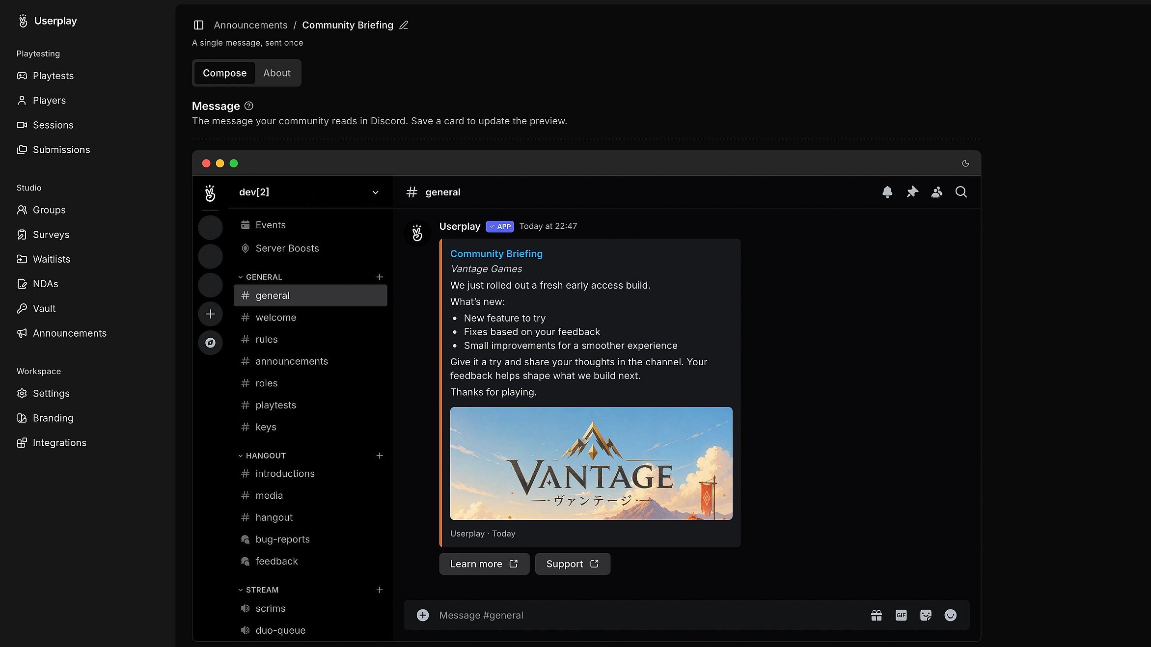 Playtest sessions listed across a game in Userplay Studio