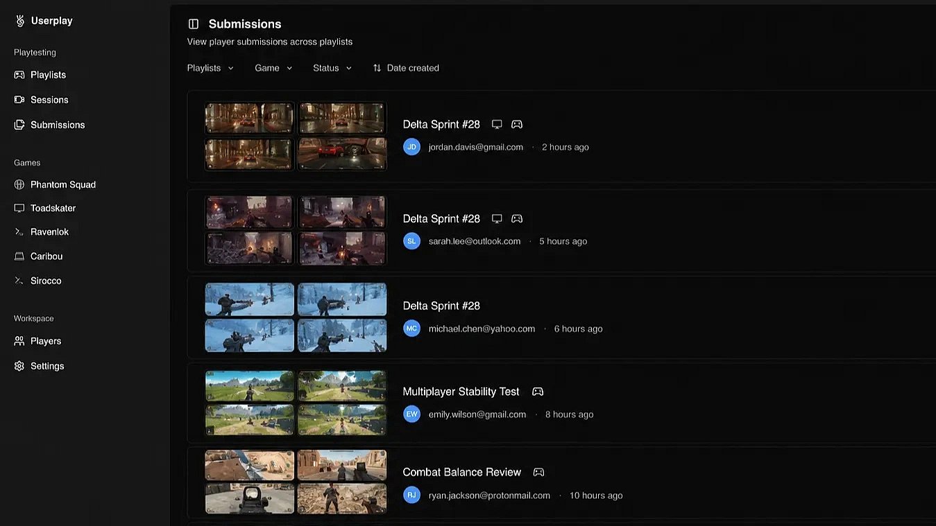 Player submissions listed across playtests in Userplay Studio