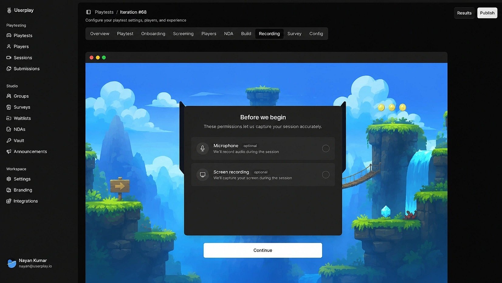 Player submissions listed across playtests in Userplay Studio