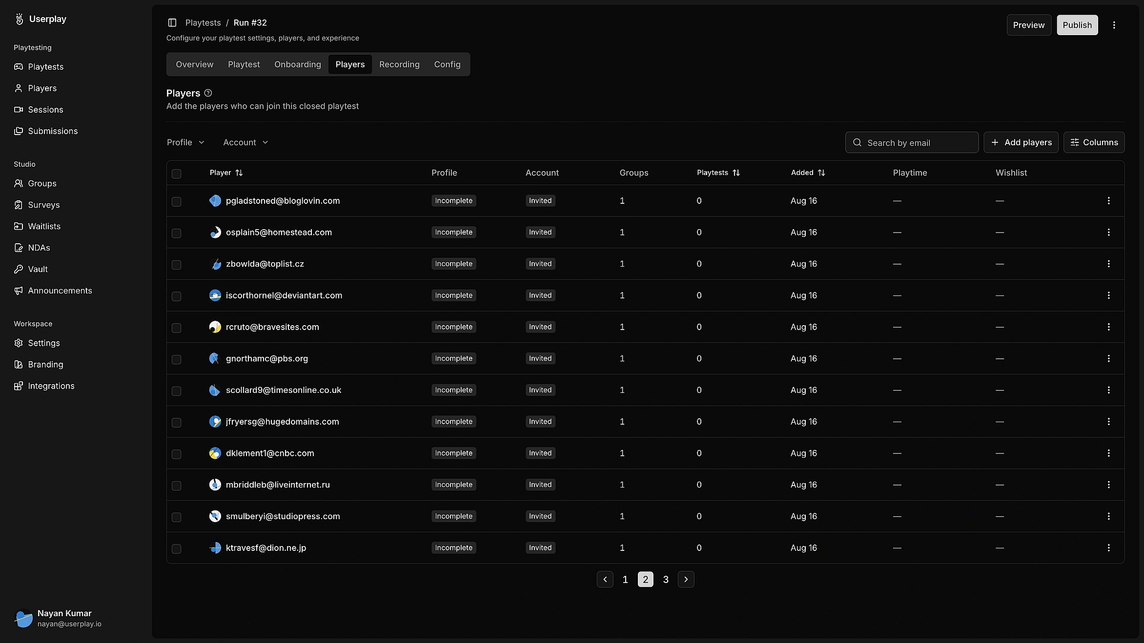A recorded gameplay session playing back in Userplay Studio