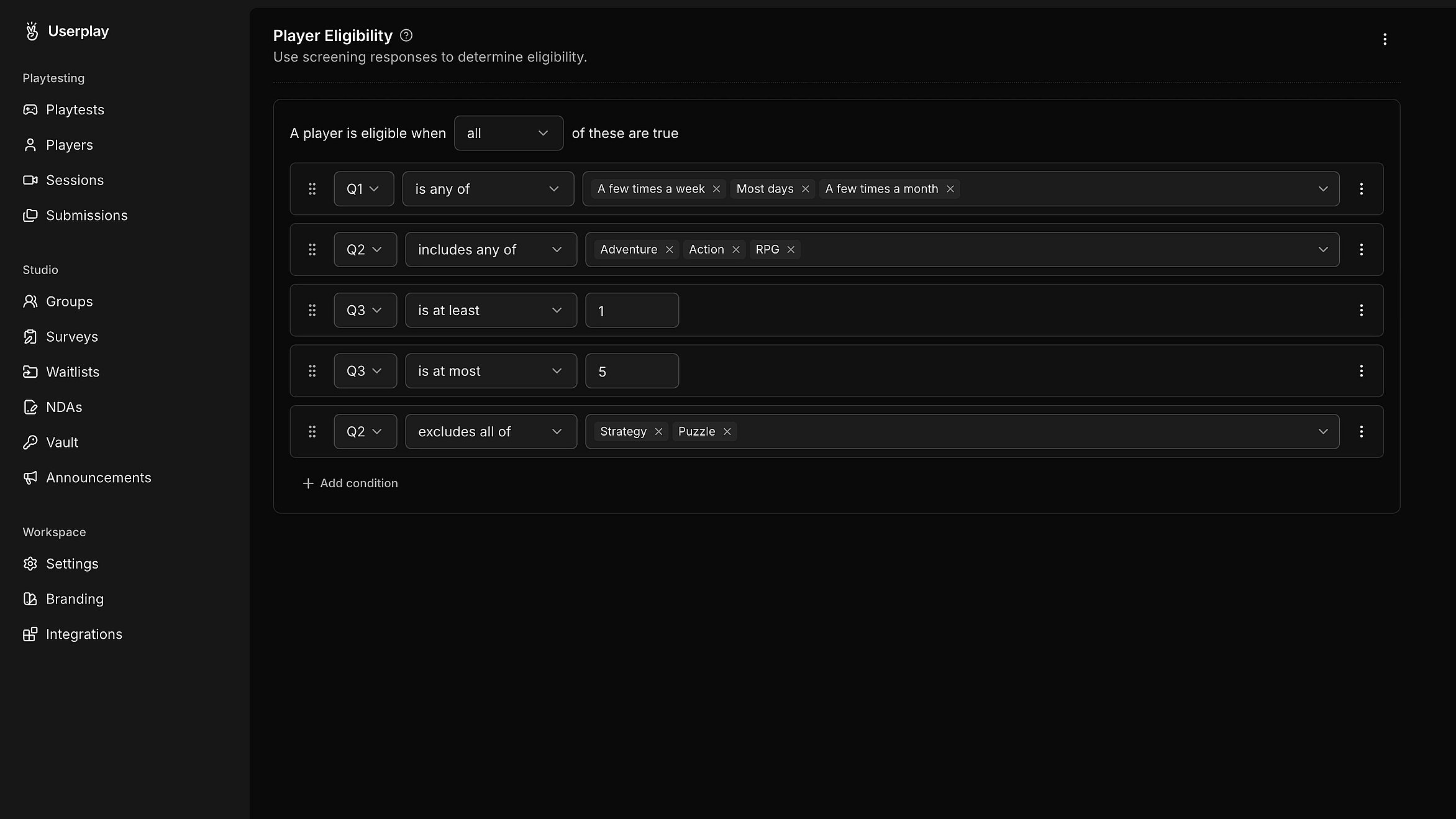 Survey responses collected from a playtest in Userplay Studio