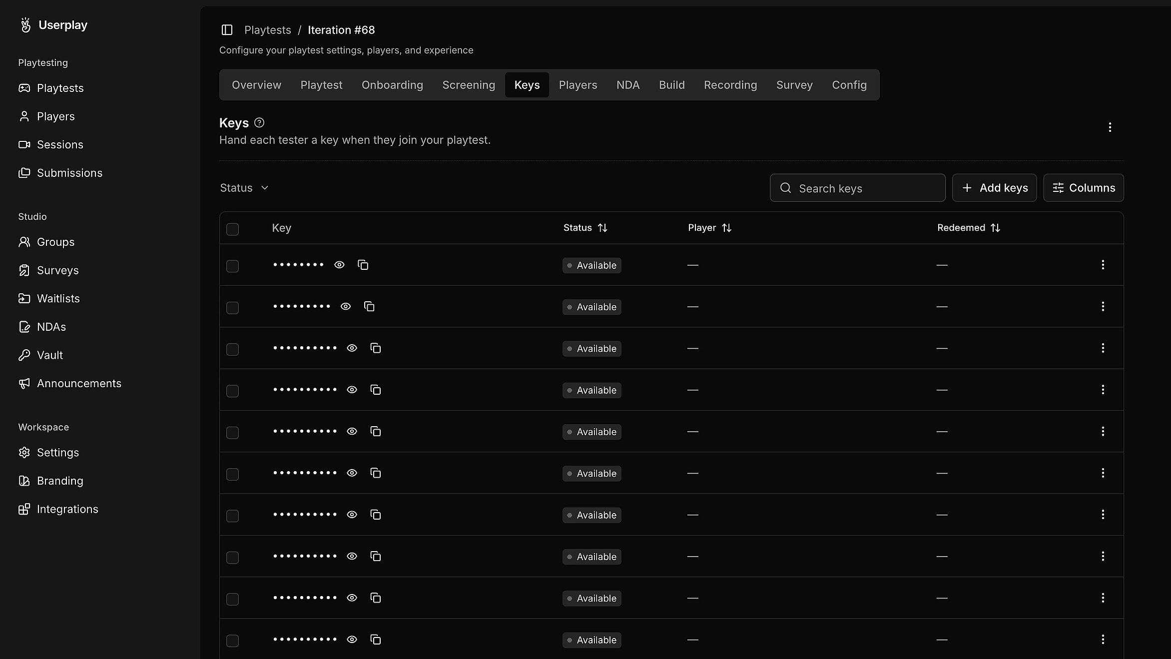 Playtest sessions listed across a game in Userplay Studio