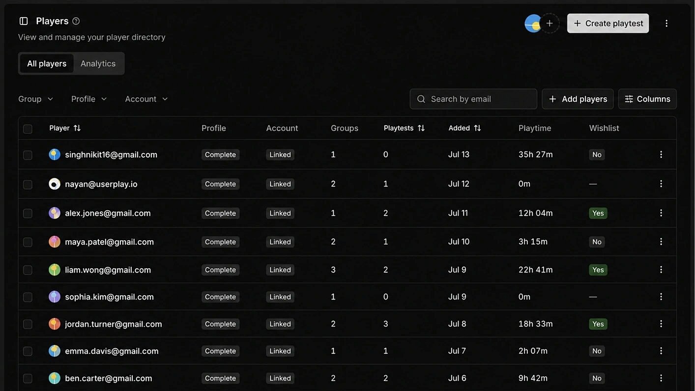 Playtest sessions listed across a game in Userplay Studio