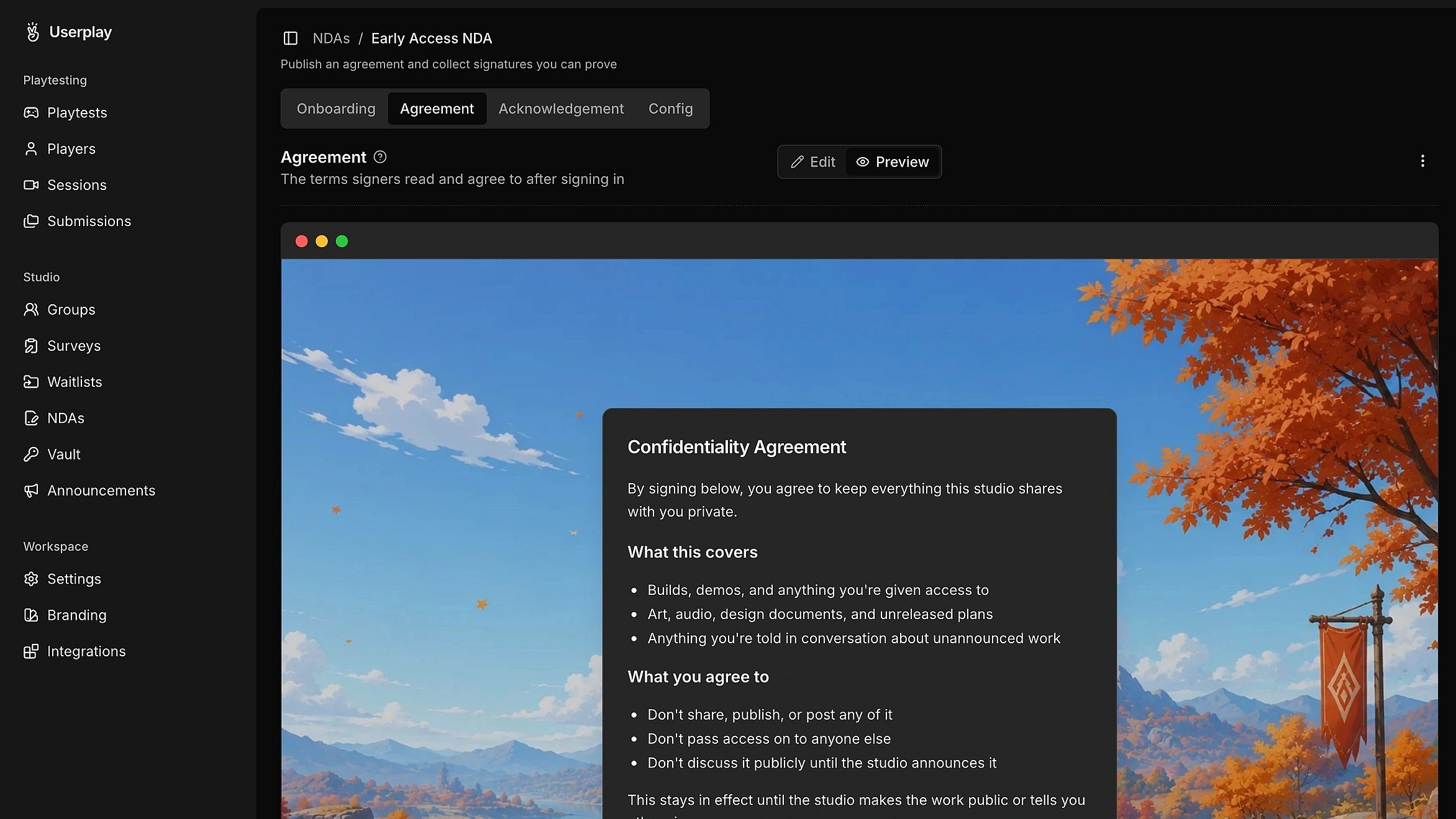 Playtest sessions listed across a game in Userplay Studio
