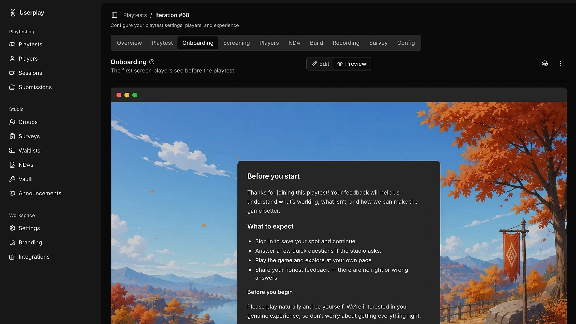 Player submissions listed across playtests in Userplay Studio
