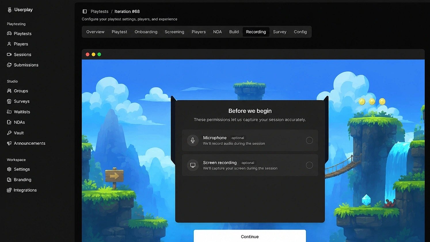 A recorded gameplay session playing back in Userplay Studio