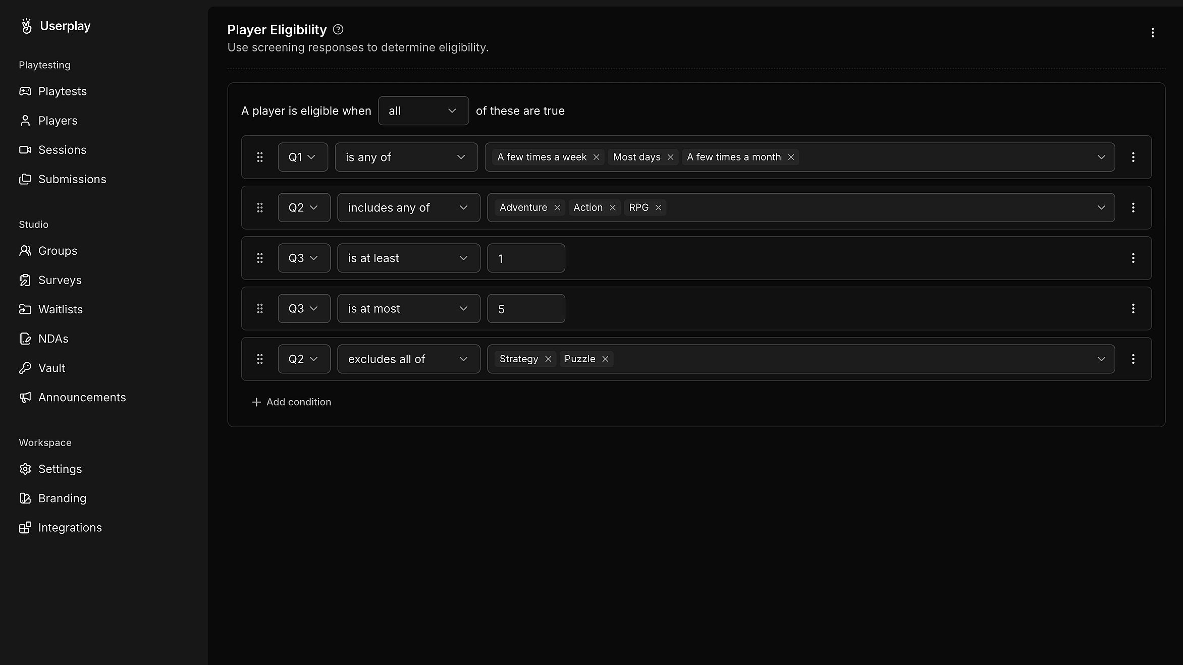 Player submissions listed across playtests in Userplay Studio