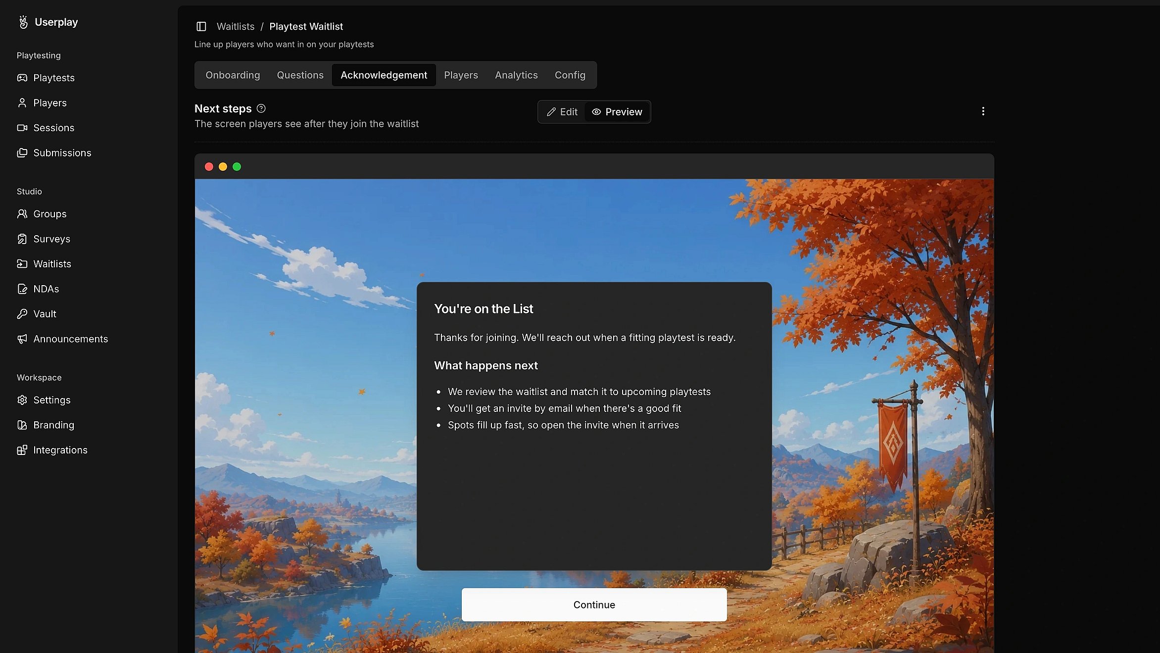 Playtest sessions listed across a game in Userplay Studio
