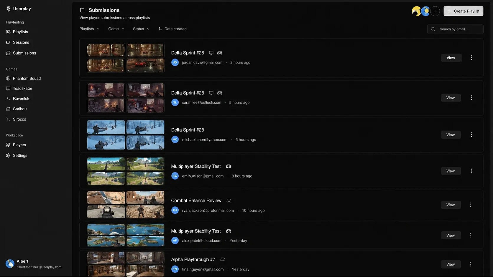 Player submissions listed across playtests in Userplay Studio