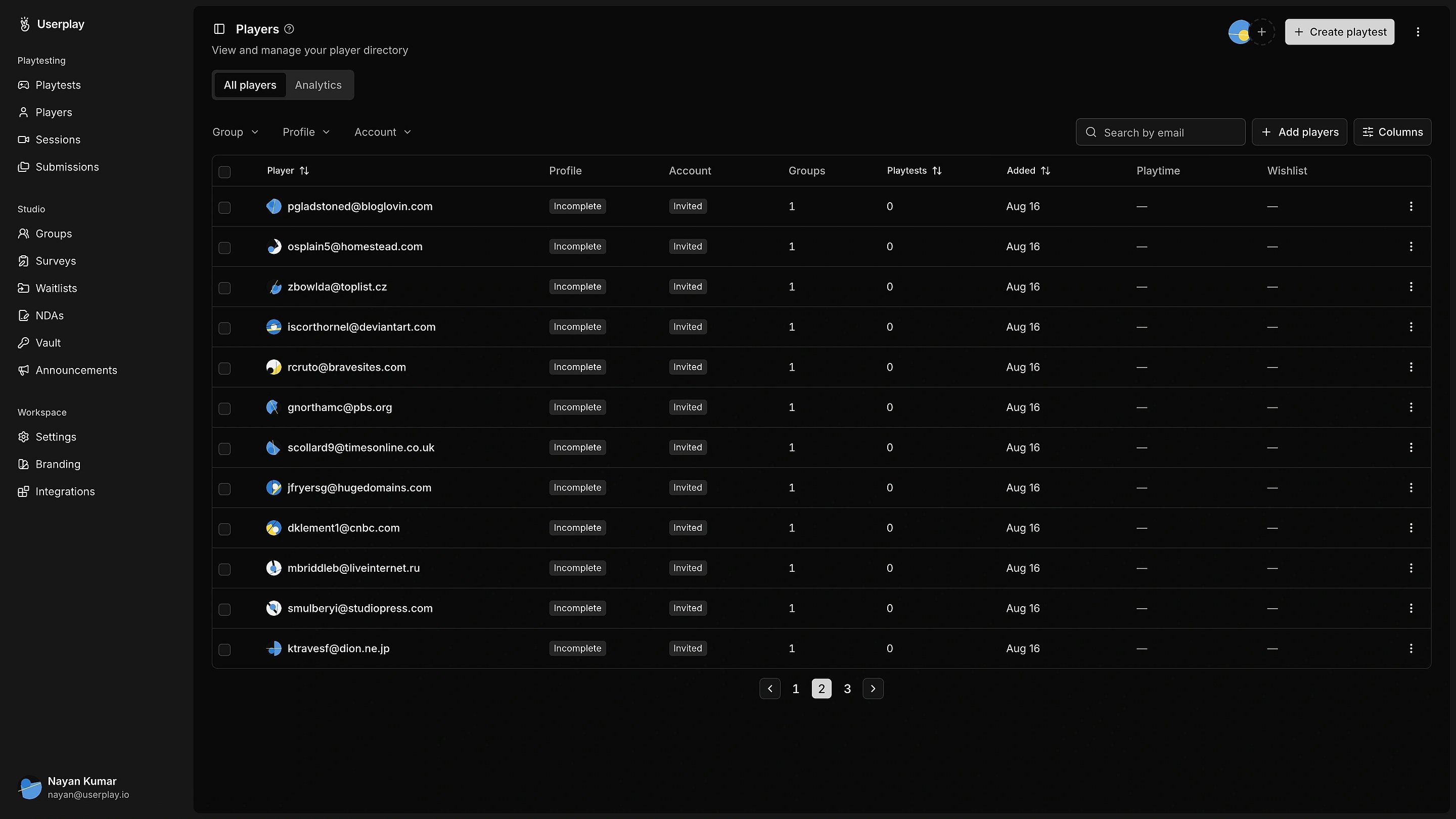 Player submissions listed across playtests in Userplay Studio