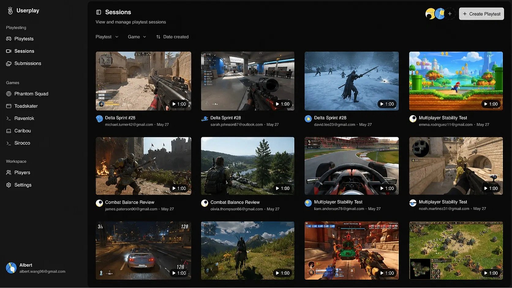 Playtest sessions listed across a game in Userplay Studio