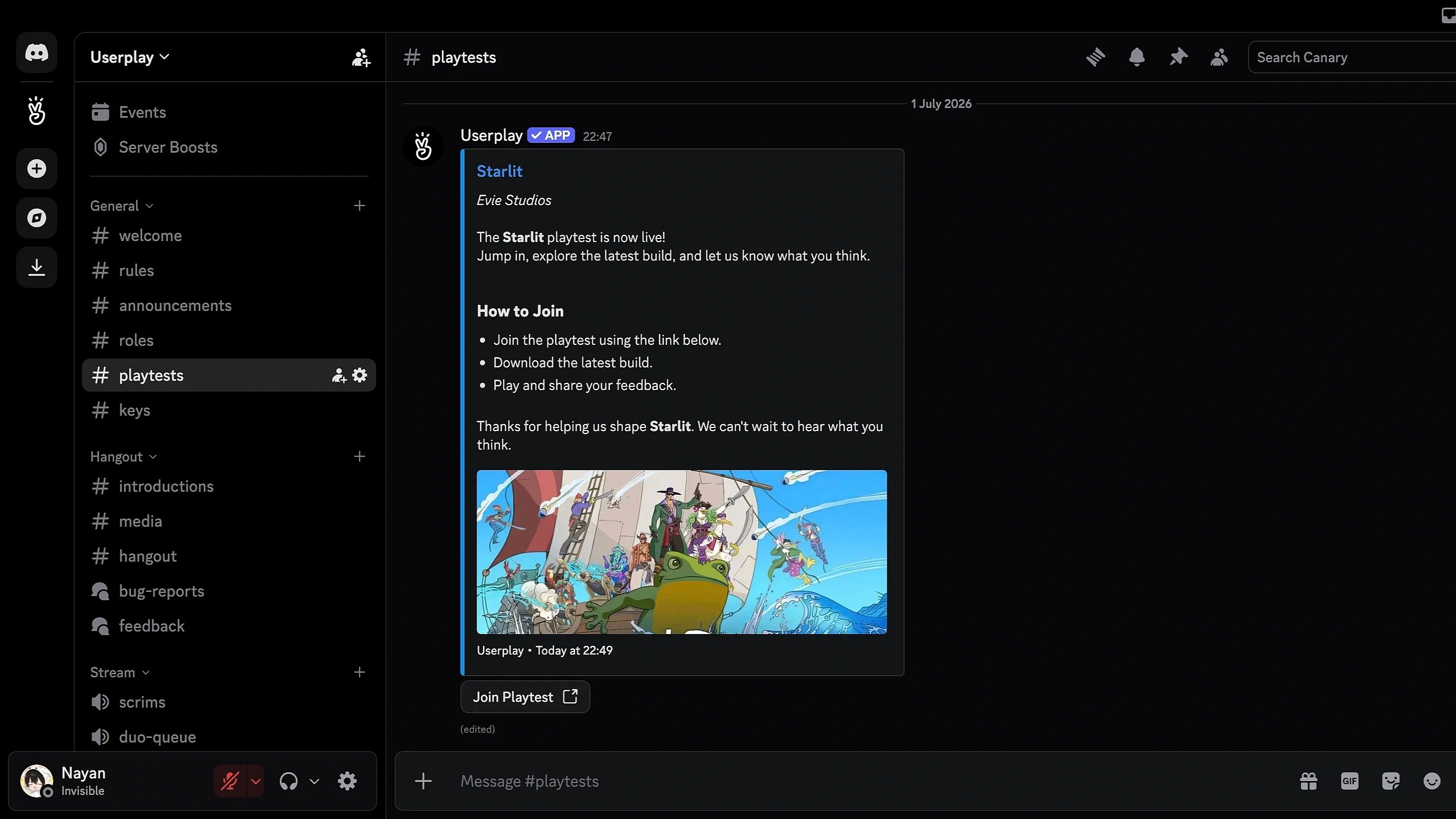 A Userplay playtest announcement posted to a Discord channel