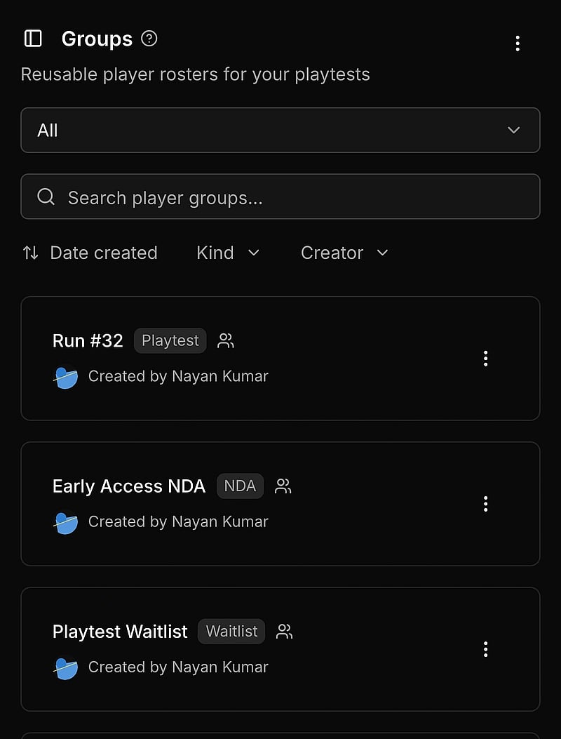 Player submissions listed across playtests in Userplay Studio