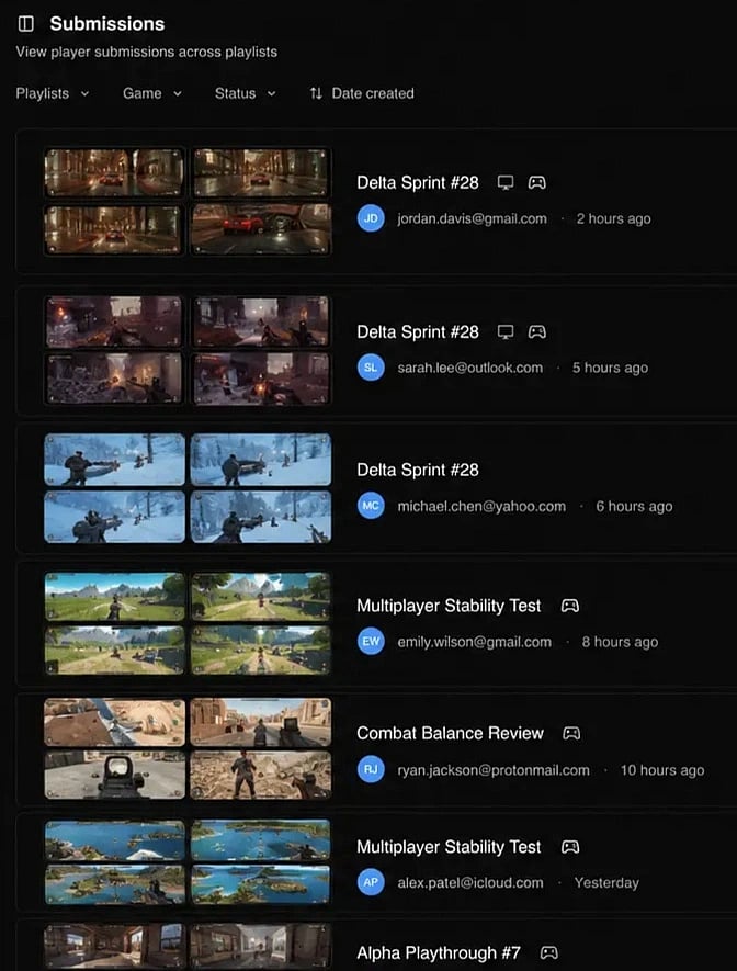 Player submissions listed across playtests in Userplay Studio