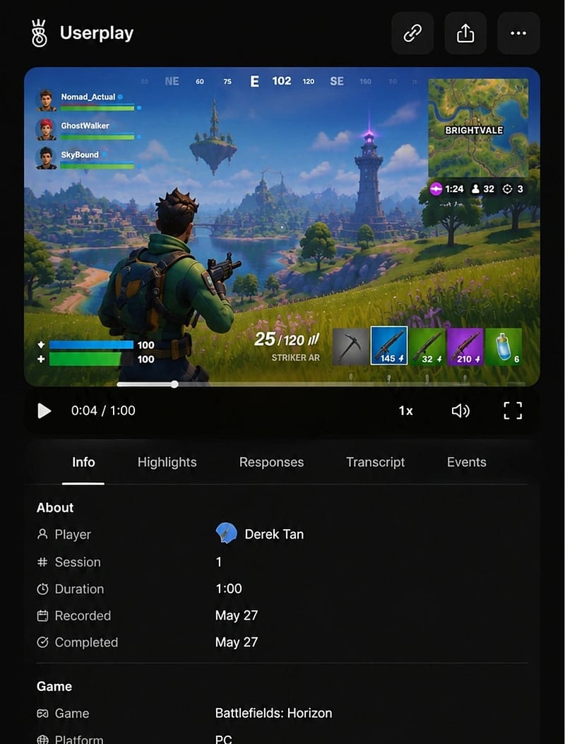 A recorded gameplay session playing back in Userplay Studio