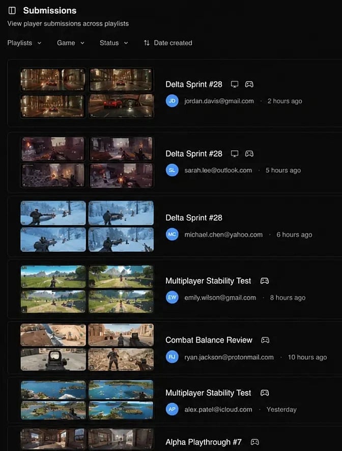 Player submissions listed across playtests in Userplay Studio