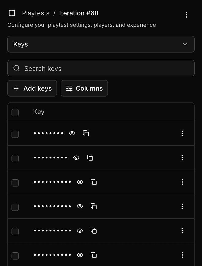 Playtest sessions listed across a game in Userplay Studio