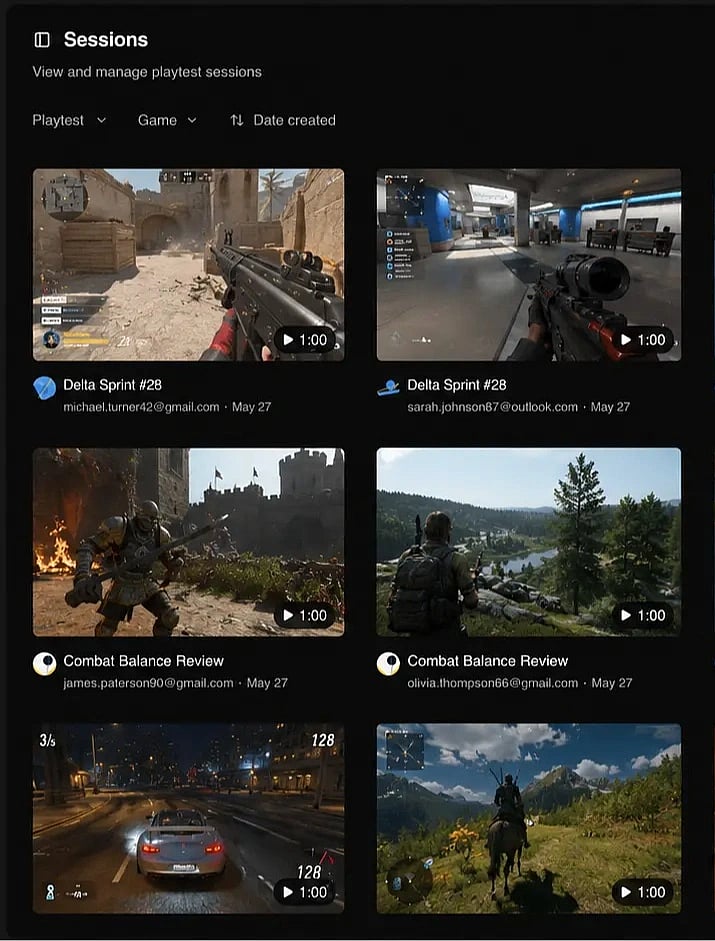 Playtest sessions listed across a game in Userplay Studio