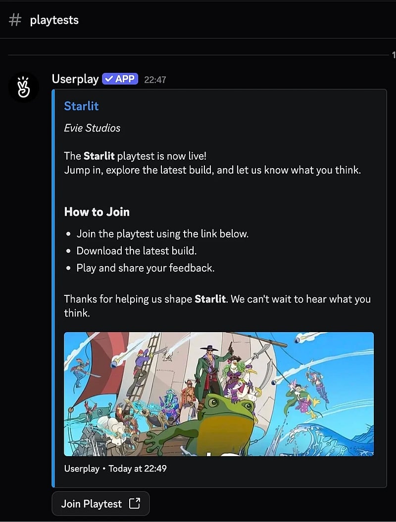 A Userplay playtest announcement posted to a Discord channel