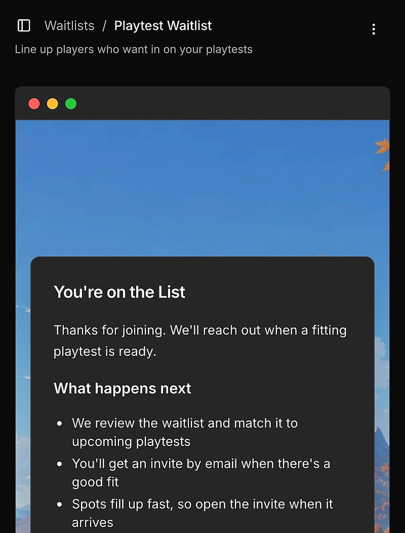 Playtest sessions listed across a game in Userplay Studio