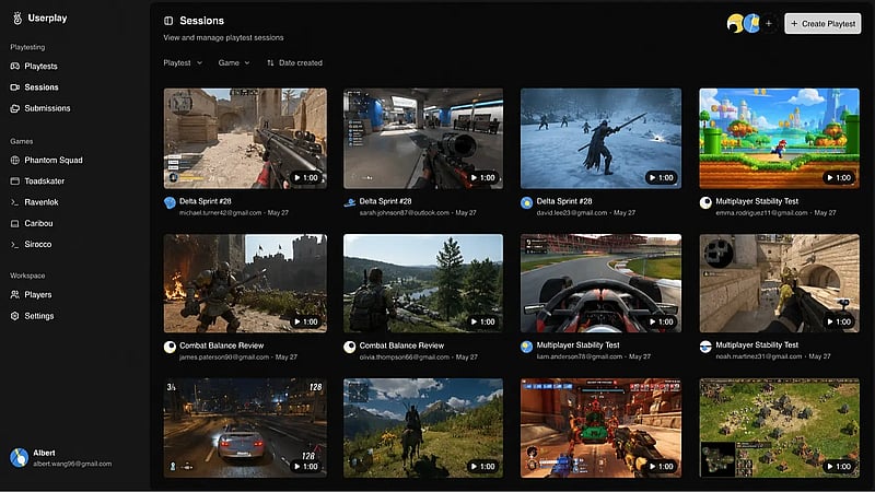 Playtest sessions listed across a game in Userplay Studio