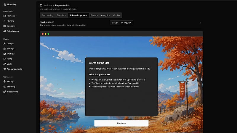 Playtest sessions listed across a game in Userplay Studio
